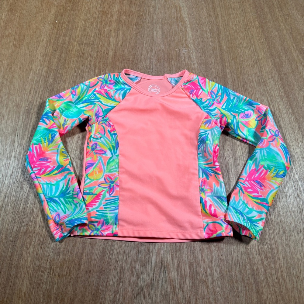 Wonder Nation Girls XS 4-5 Rash Guard Swim Top UPF Long Sleeve Tropical Peach